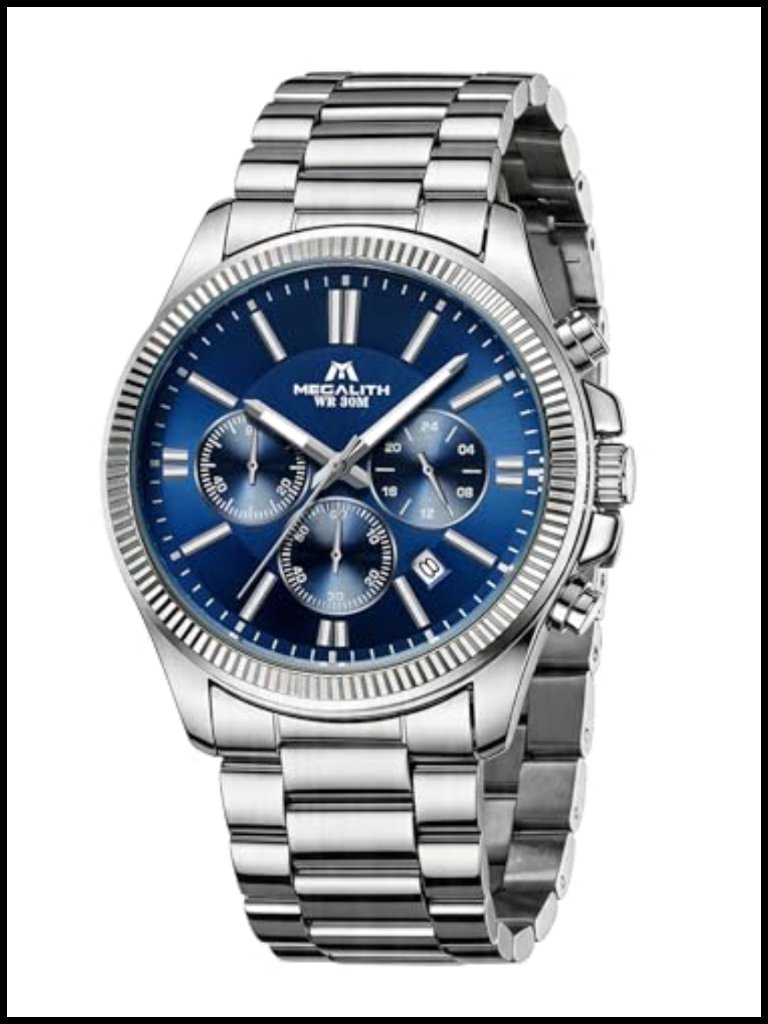 Mens Silver Chronograph Dress Watch Stainless Steel Date 40mm